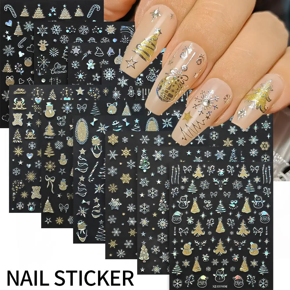 12Pcs Set Christmas Laser Silver Snowflakes Nail Stickers 3D Bronzing Reindeer Elk Bells Tree Nail Decal HOLO Xmas Slider Decor