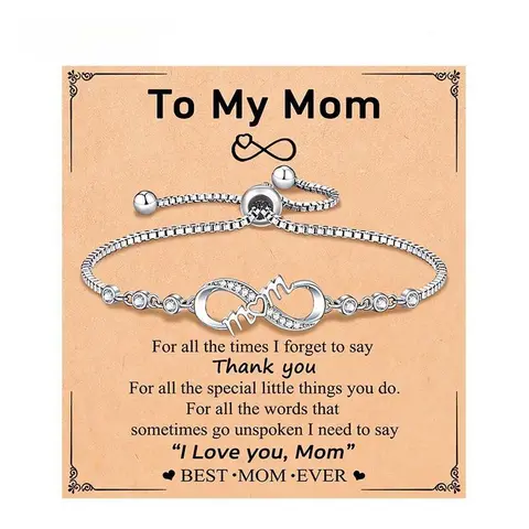 Women's Elegant Adjustable Slider Infinity Heart Bracelet with Sparkling Crystals, Engraved with Word 'Mom', 1 Set with Heartfelt Card - Valentine's Day/Birthday Costume Jewelry Gift for Daughter