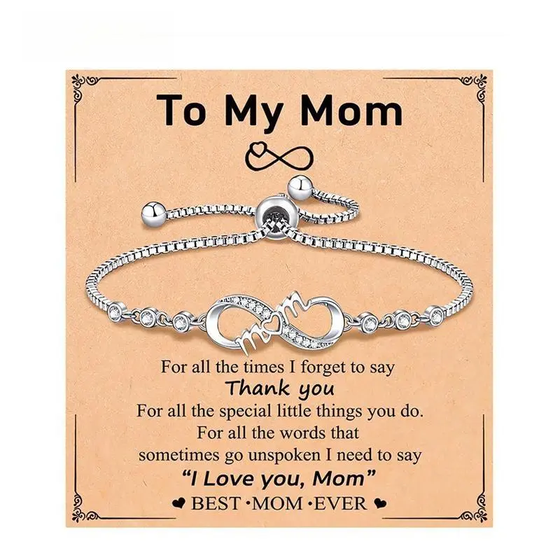 Infinity Heart Bracelet for Women, Gem-Embellished Engraved Jewelry with an Adjustable Slider, Sentimental Gift for Mom or Daughter with Message Card