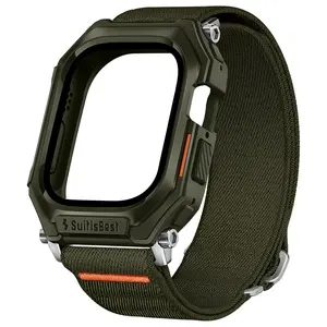 Rugged Case with Band for Apple Watch Ultra 49mm 46mm 45mm 44mm, [For 145-210mm wrists] Stretchy Nylon Solo Loop with Protective Cover TPU Bumper for iWatch Ultra Series 11 10 9 8 7 6 5 4 SE