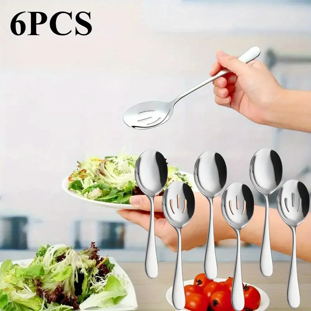 Stainless steel service spoon set 3 service spoons 3 slotted spoons Practical advanced performance skimming hole stainless steel service appliance set suitable for family kitchen restaurant hotel, kitchen supplies 6 Cutlery Fruit Tableware Utensils summer