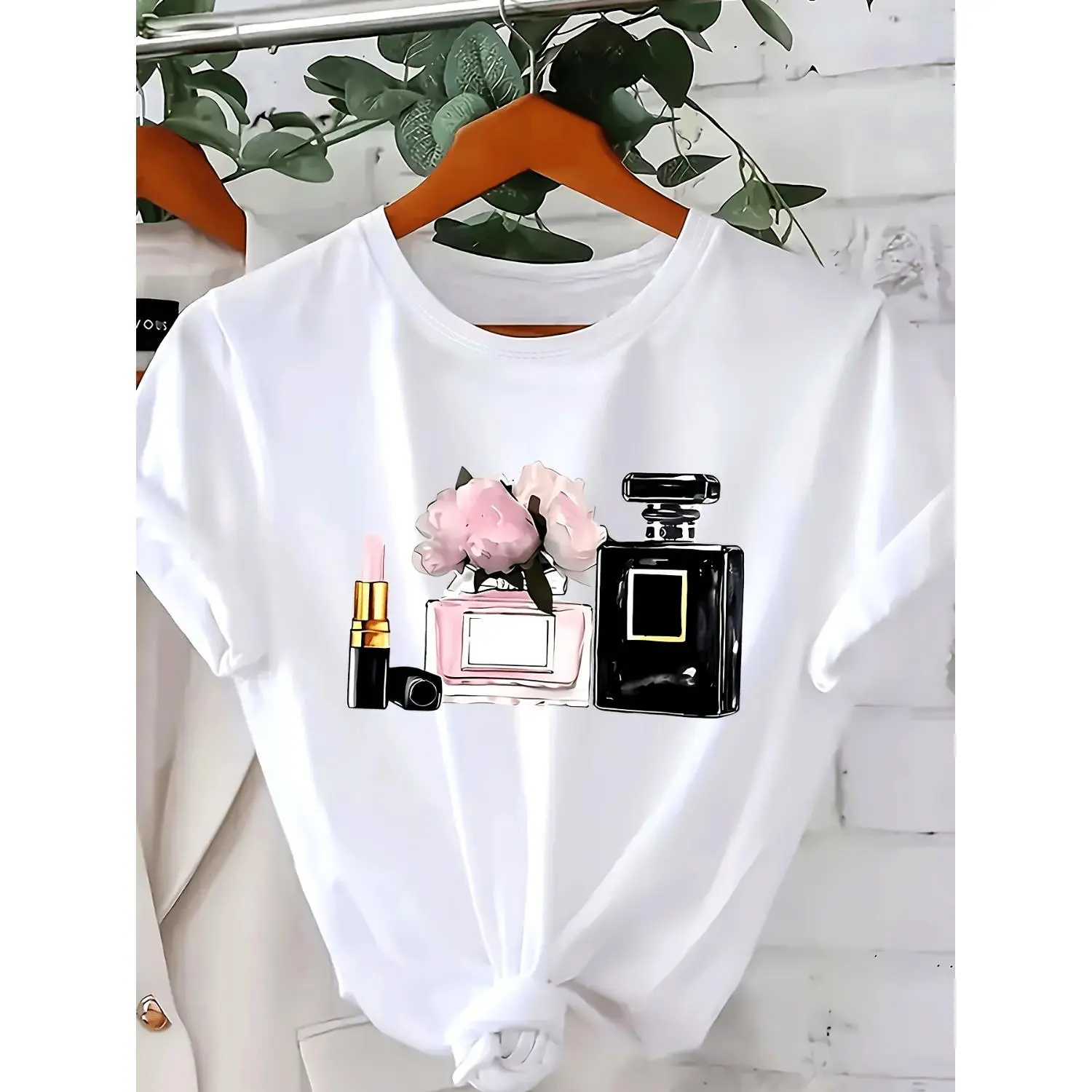 Plus Size Paris Perfume Lipstick Graphic Tee with Geometric Floral Print Casual Short Sleeve Round Neck Top Elegant Seasonal Fashion