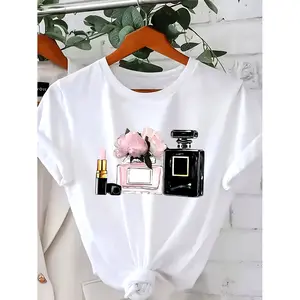 Plus Size Paris Perfume Lipstick Graphic Tee with Geometric Floral Print Casual Short Sleeve Round Neck Top Elegant Seasonal Fashion