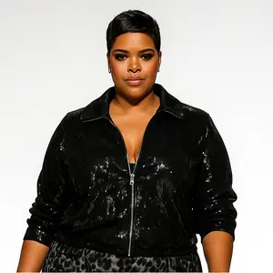 Sassi Reel Sequin Jacket Plus Size Women's Fashionable Sequin Collared Jacket with Elastic Details & Zipper Front Closure for Evening Elegance