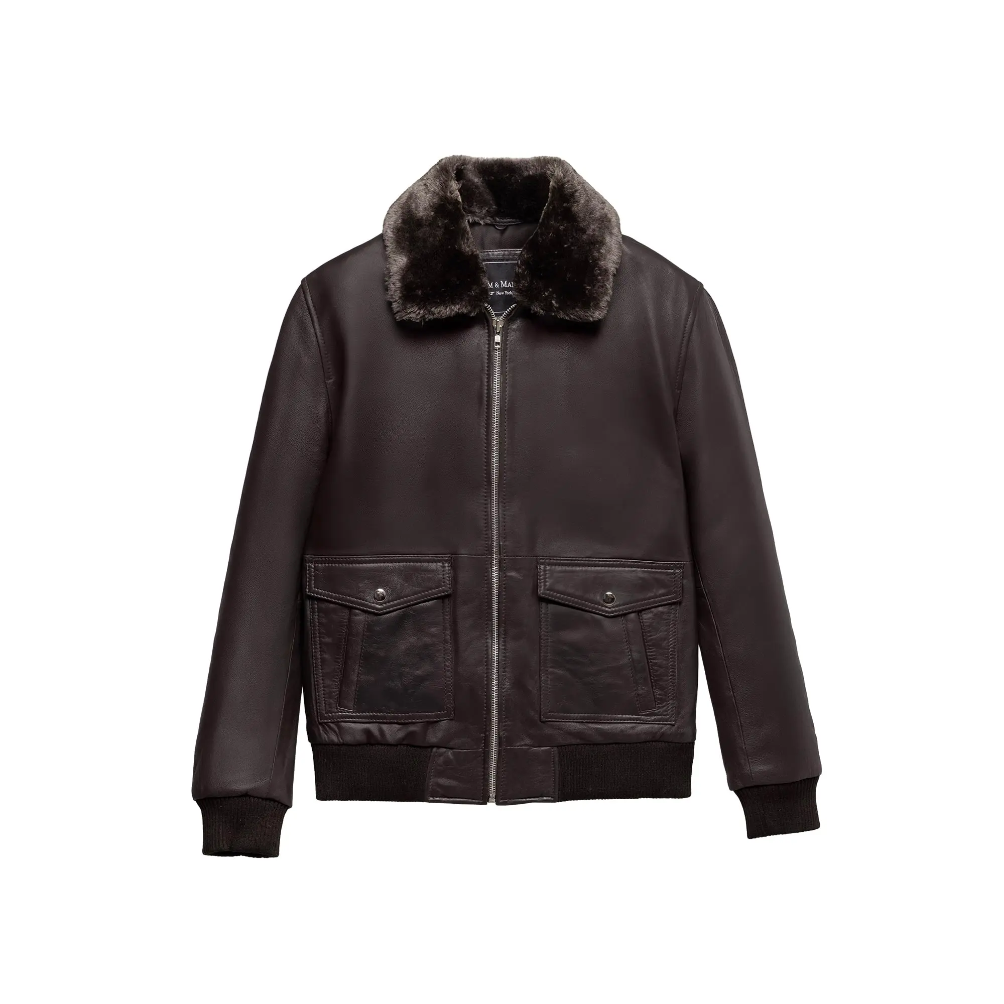 FM Men's Sheepskin A2 Brown Leather Bomber Jacket with Fur Collar