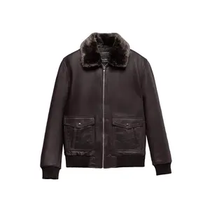 FM Men's Sheepskin A2 Brown Leather Bomber Jacket with Fur Collar