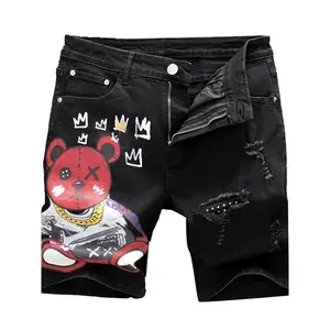 Men’s summer straight-leg black denim shorts with bear print, distressed/ripped details, European & American fashion trend