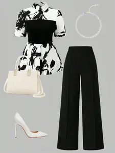 Plus Size Women's Floral Print Shirt Set, Suits, High Waist Wide Leg Pants, Office Commute & Party Wear, Modern Fashion, Chic, Womenswear, Elegant