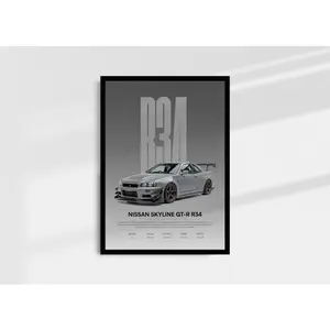 Nissan Skyline R34 GT-R Poster, Legendary JDM Wall Art, Japanese Sports Car, Product without frame