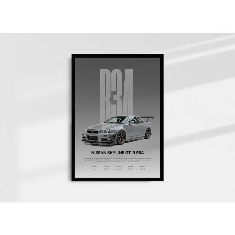 Nissan Skyline R34 GT-R Poster, Legendary JDM Wall Art, Japanese Sports Car, Product without frame