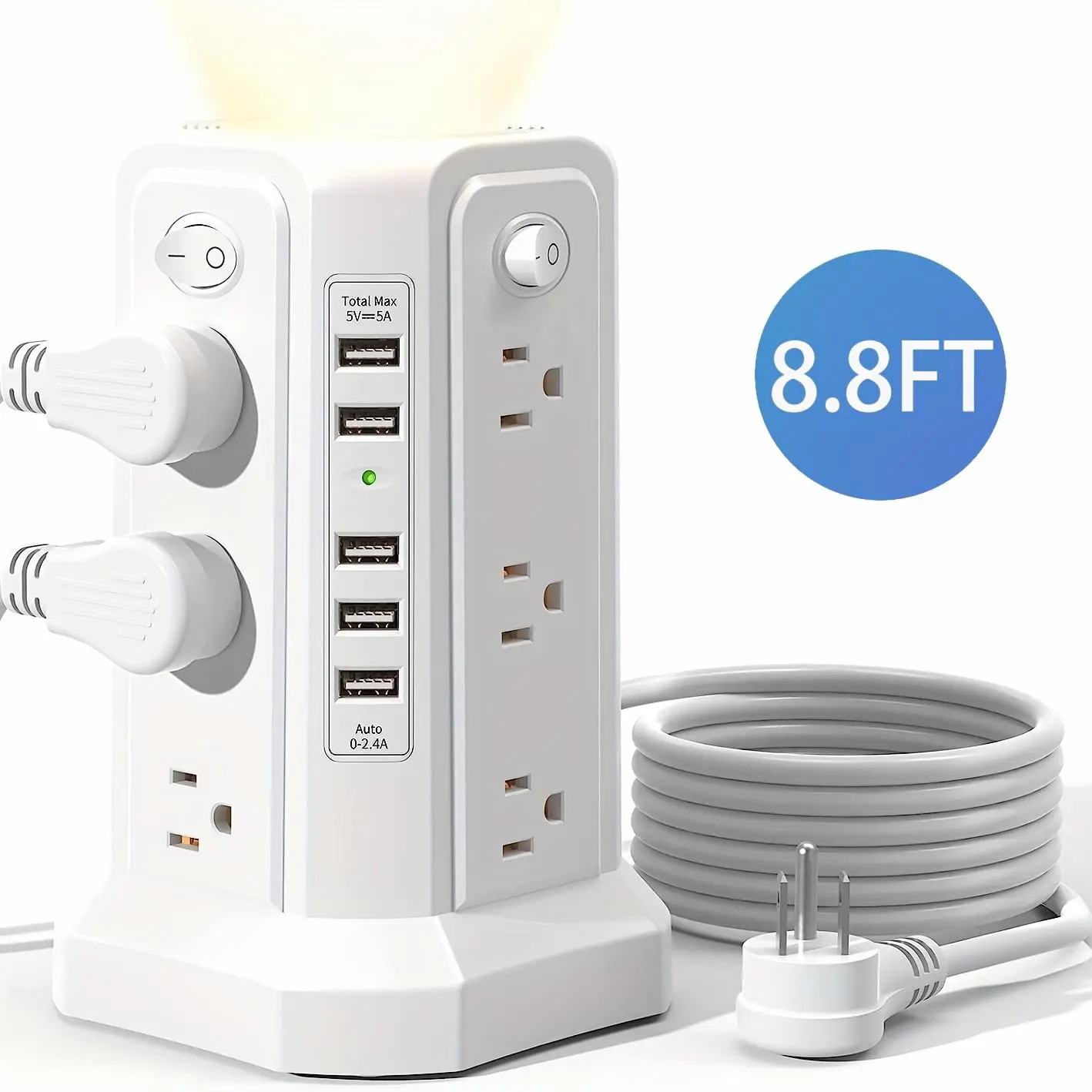 1pc Tower Power Strip Surge Protector with 5 USB Ports, 8.8FT Extension Cord with AC Multiple Outlets And Night Light Overload Protection for Home Office Dorm Room Essentials (Black)