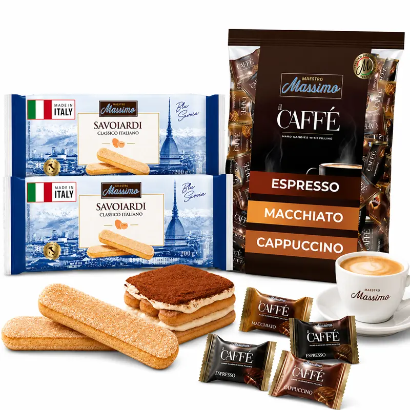 Maestro Massimo Savoiardi Classico Italiano Ladyfingers Biscuits 7.05 oz (200g)-2 PACK + Hard Candies 7.05 oz