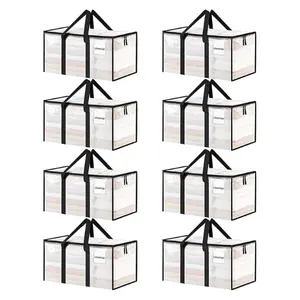 8 Pack Extra Large Heavy Duty Moving Storage Bags, Clear Clothes Storage Totes with Reinforced Handles & Strong Zipper Closure for Packing, Dorm Room, College Supplies & Home Organization