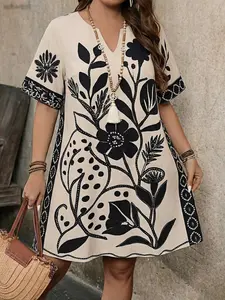 Plus Size Floral Print Dress, Loose Fit V Neck Short Sleeve, Knee Length, Elegant Style, Suitable for Spring Summer, Various Occasions