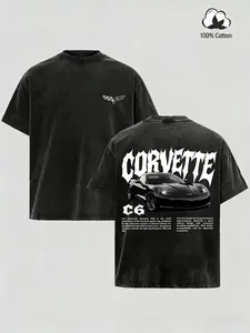 Men's Vintage Washed Corvette C6 Graphic Tee, Oversized 100% Cotton Crewneck Casual Fabric Top, Unisex Racing Car Merch, Gifts for Him