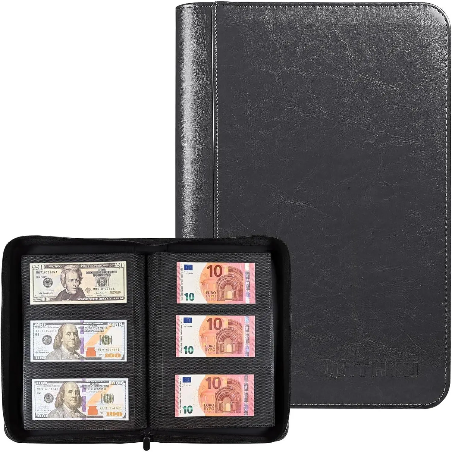 Banknote Collection Album with 180 Pockets -  Ringless  Organizer with Clear Non-PVC Sleeves for Banknotes, Bills, Tickets, and Collectibles (Black)