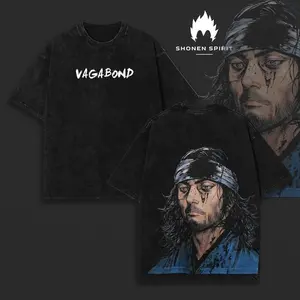 Vagabond Anime Double Printed Vintage Washed Unisex Oversize Anime Manga Washed Heavyweight Cotton T-shirt, Gift For Anime Fan, Anime Lover