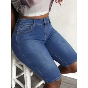 Ciel Fashion Plus Size High Waist Washed Bermuda Denim Shorts Double Button Slim Fit Casual Stretch Denim Shorts