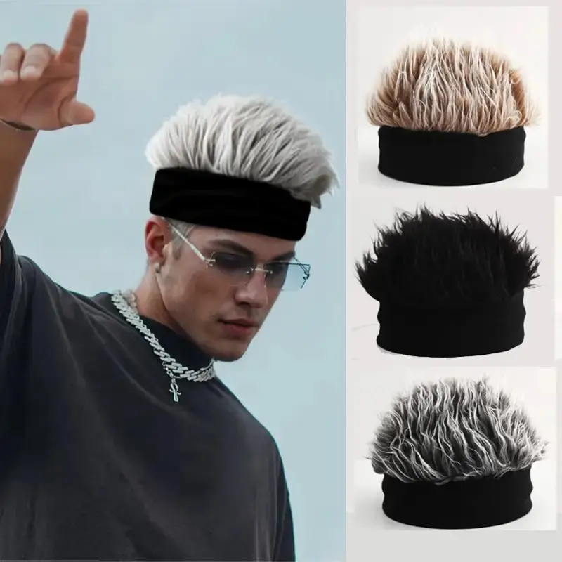 Men's Hip-Hop Faux Hair Beanie Hat - Black Knit-Style Skull Cap with -Like Synthetic Hair, Durable Party & Wig-like Accessory for Casual Wear, Prom, Themed Events - Instant Volume Hairstyle (No Maintenance).Warm,Winter Hat,Suitable for Cold