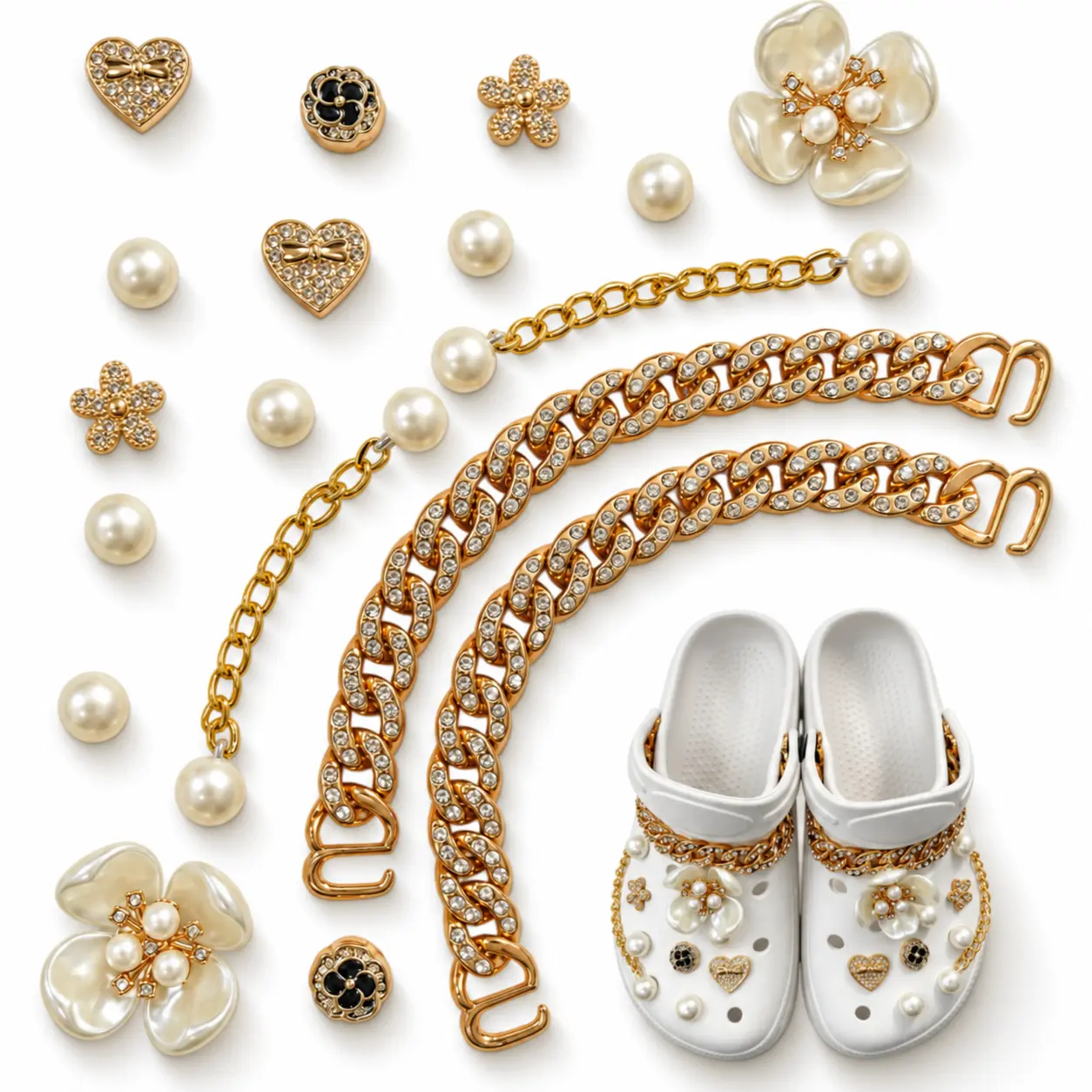 18PCS Pearl & Rhinestone Shoe Charm Set, Gold-Tone Chain Shoe Decorations with Flower, Heart, Bow & Pearl Charms, Detachable DIY Accessories for Clogs, Sandals and Slip-On Shoes