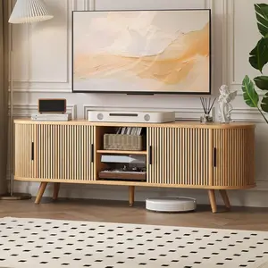 62" Fluted TV Stand, Mid Century Modern TV Stand for TVs up to 70", Entertainment Center with Storage, Sliding Doors, Adjustable Shelf, Wood Media Console for Living Room, Bedroom, Natural