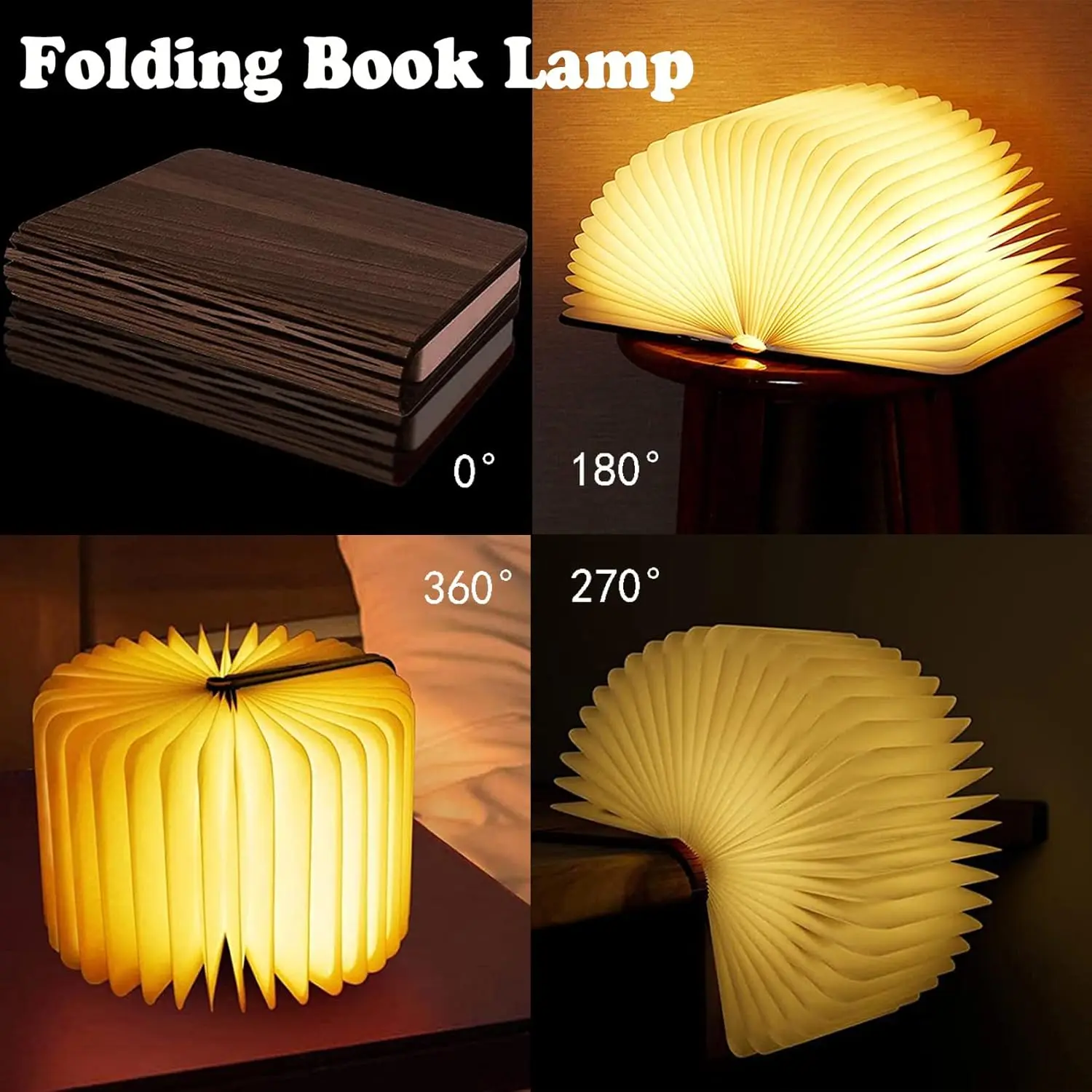 Folding Wooden Book Lamp - Versatile Lighting Options, 3-Color LED Warm Light, Multicolor LED Lights, USB Rechargeable, Creative Bedroom Bedside Decor, Gift Idea for Book Lovers