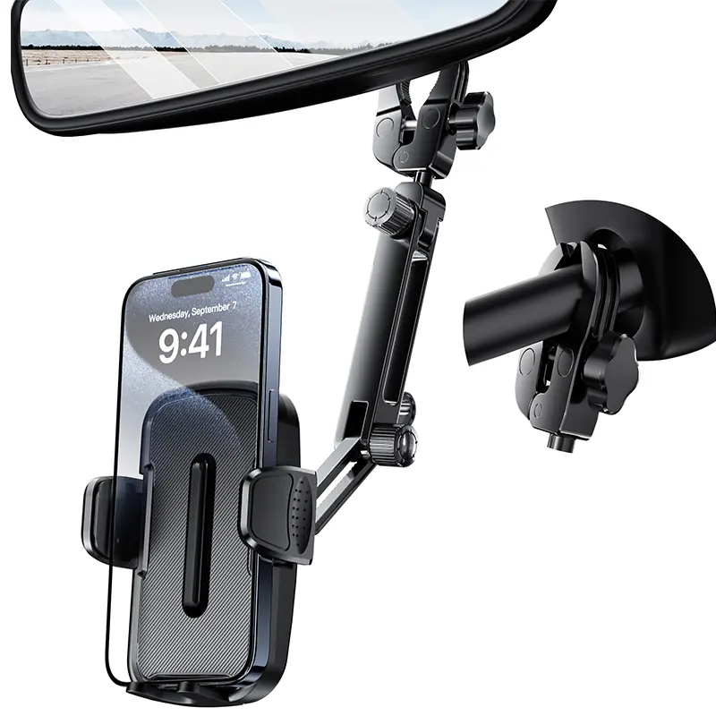 Aluminum Rear View Mirror Phone Mount for Most Cars, Trucks & SUVs, Anti-Shake Car Phone Holder, 360° Adjustable, Fits All 4-7 in Phones