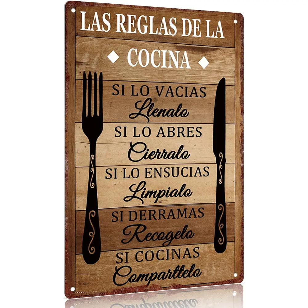 "Las Reglas De La Cocina" Spanish Kitchen Rules Tinplate Metal Sign - 12x8in Retro Rustic Farmhouse Design Plaque, Home Decor Piece, Wall Hanging Decoration Gift for Home