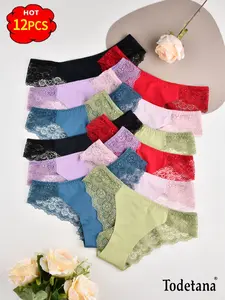 Todetana Women's 12pcs Plain Contrast Lace Scallop Trim Thongs, Casual Comfy Cozy Breathable Panty, Women's Knicker Underwear for All Seasons, Perfect Gift for Halloween and Christmas