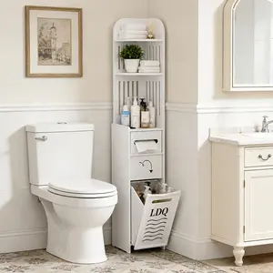 LDQ 47-Inch Modern Slim PVC Floor Standing Cabinet - White Narrow Bathroom Storage with Paper Holder, Hidden Trash Can, Space-Saving Corner Shelves for Minimalist Apartment, Multi-Purpose Organizer for Kitchen/Entryway