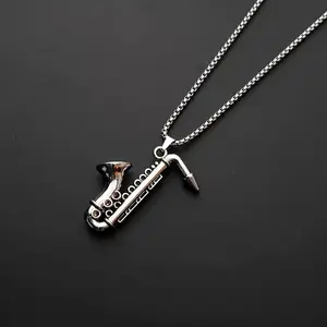 Stainless Steel Saxophone Musical Instrument Pendant Necklace For Men Fashion Personality Punk Hip Hop Rock Jewelry