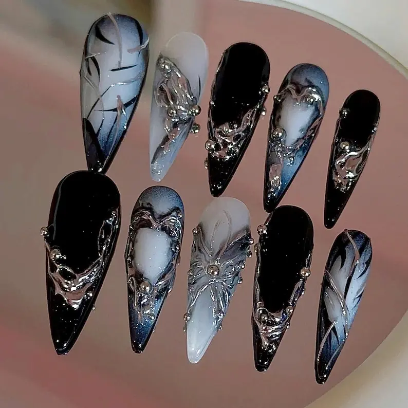 S14 Nailed by Vibe - Black Blue Ombre Press-On Nails, 3D Metallic Silver Abstract Design, Handmade Luxury Night Party Nail Art, Trendy Gothic Vibes, Gifts for Her