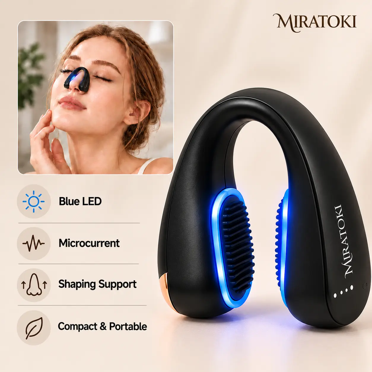 MIRATOKI PetalSculpt Blue Light Nose Shaper Clip with MicroCurrent, 10 Mins At-Home Up Lifting Tool for Sculpted Look & Clearer Skin/Pores, Portable Rechargable Facial Beauty Device