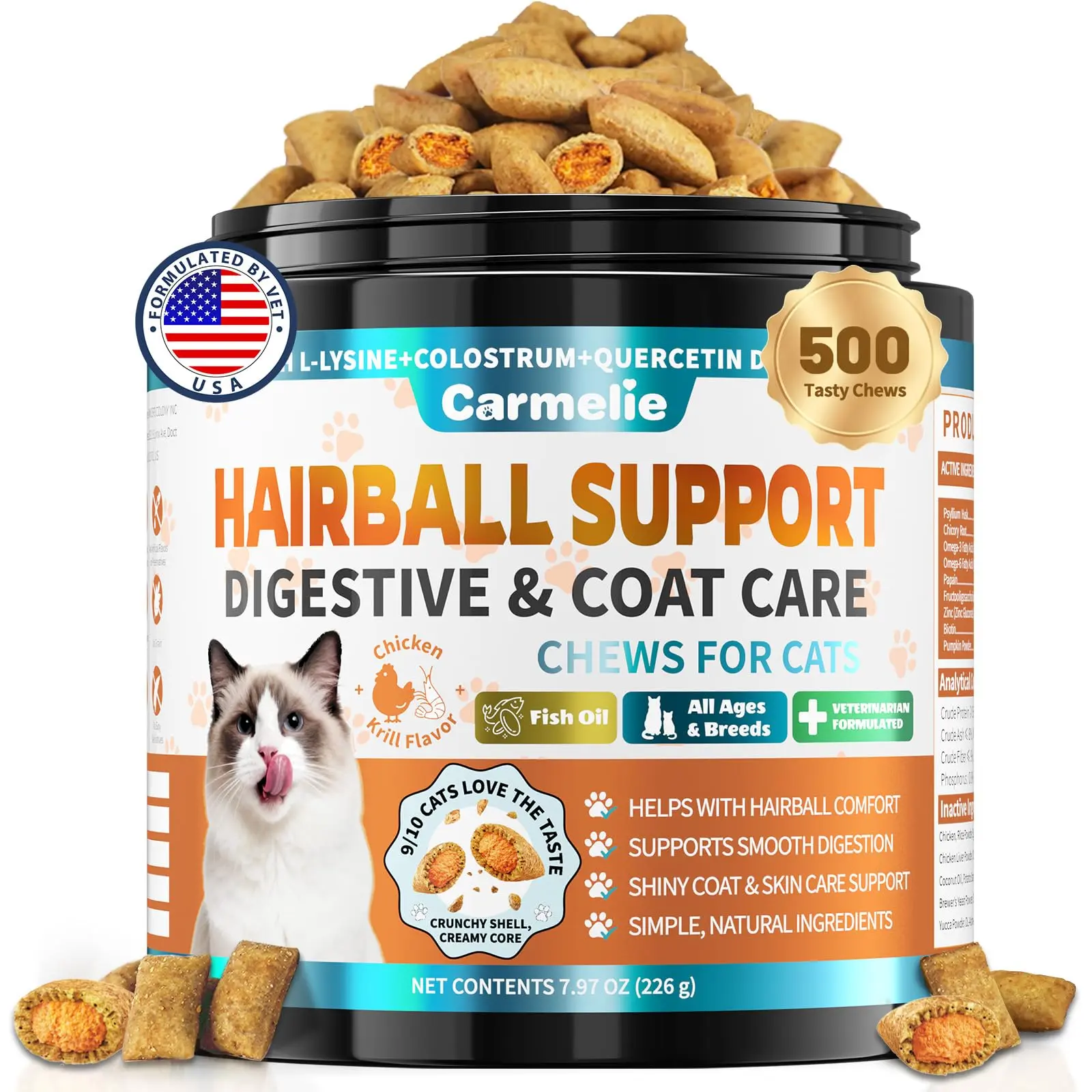 #SummerWins #DealsForYouDays Carmelie Cat Hairball Support Chews – 500 Crunchy & Creamy Texture Treats for Cats – Indoor Feline Digestion Support, Hairball Control, Chicken & Krill Flavor