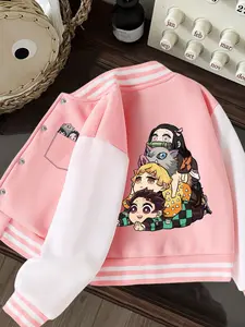 Girls' Short Baseball Jacket with Demon Slayer Character Print, Cute and Design, Casual Spring & Fall Wear for 4-14 Years