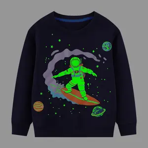 HILEELANG Little  Boy Black Sweatshirts Halloween Astronaut Graphic Glow in the Dark Crewneck Long Sleeve Pullover Cotton Top Sweater Shirts 4-7Years