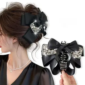 1pc New-Style Black Ribbon Multi-Layer Bow Hair Claw, Women's Luxury Sparkling Rhinestone Bow Updo Clip, Large Shark Clip, Ideal for Daily Wear & Holiday Parties