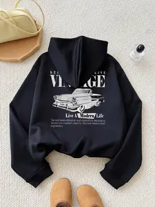 Women's Graphic Car & Letter Print Drop Shoulder Long Sleeve Thermal Lined Hoodie, Drop Shoulder Pullover, Sweatshirts, Fashion Casual Drawstring Pocket Womenswear for Daily Holiday Outdoor Wear, Women Clothing for Fall & Winter