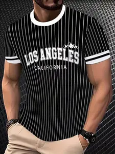Los Angeles California Patterned Graphic Print Striped T-Shirt, 100% Polyester Casual Streetwear Menswear Fitted Round Neck Short Sleeve, Bold Stripe Design, Must-Have Fashion