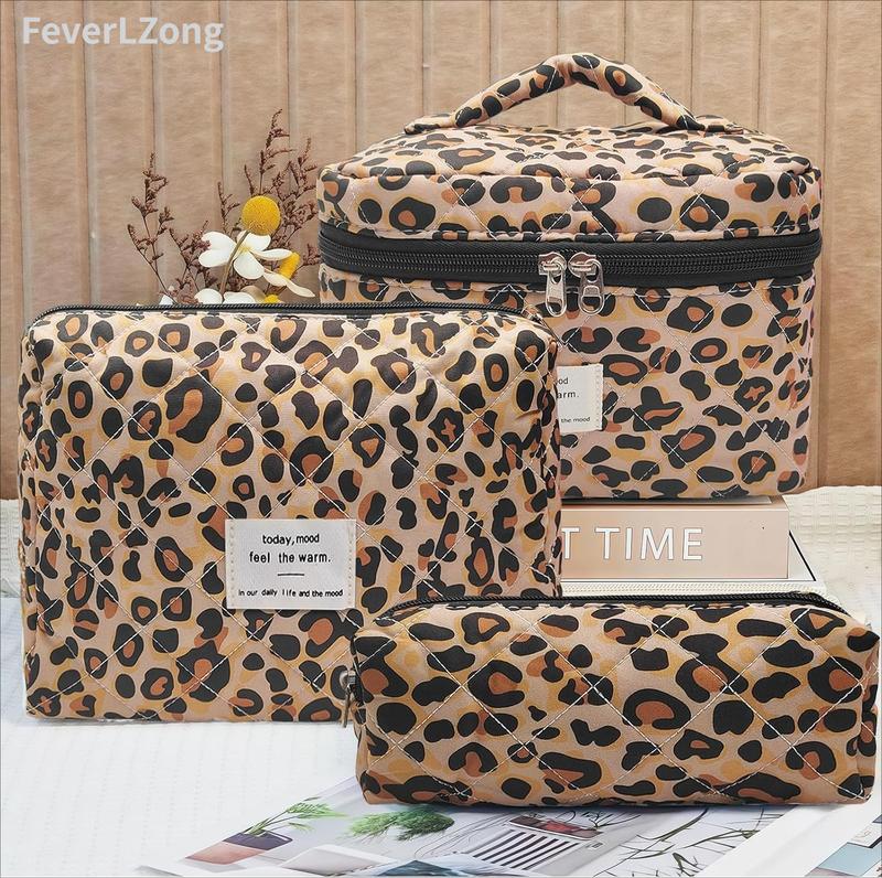 Floral Quilted Makeup Organizer Set Padded Cotton Cosmetic Bag Set in Leopard Print for Travel and Storage pattern multifunctional