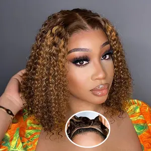 Glueless Bob Wigs Human Hair Pre Plucked Wear and Go Glueless Wig Precut Lace Ombre Highlight Water Wave Bob Lace Front Wigs for Women Upgraded No Glue 5x5 HD Lace Closure Wig 180% Density