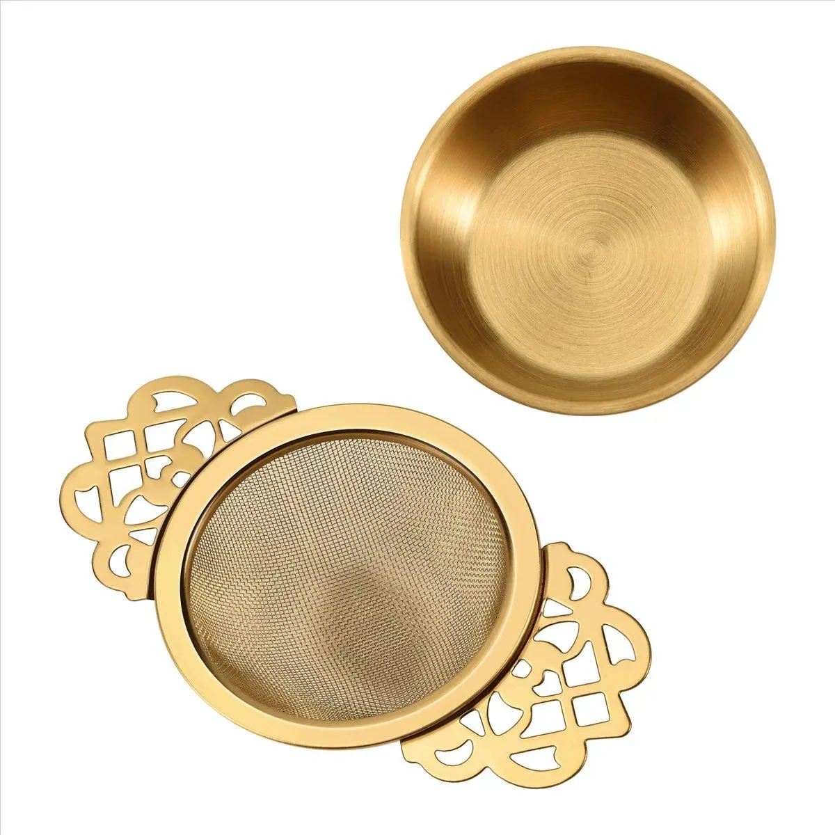Crown Pattern Tea Strainer Filter, Queen-Style Gold Stainless Steel Infuser with Double-Winged Handles and Drip Bowl for Daily Use Brewing Loose Leaf Herbal Tea