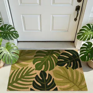 DEXI Front Door Mat Outside Entrance Coir, 2x3 Heavy Duty Entry Tropical Plant Doormat, Non Slip Exterior Entryway Floor Dirt Trapper for Porch Patio, Green Monstera Leaves