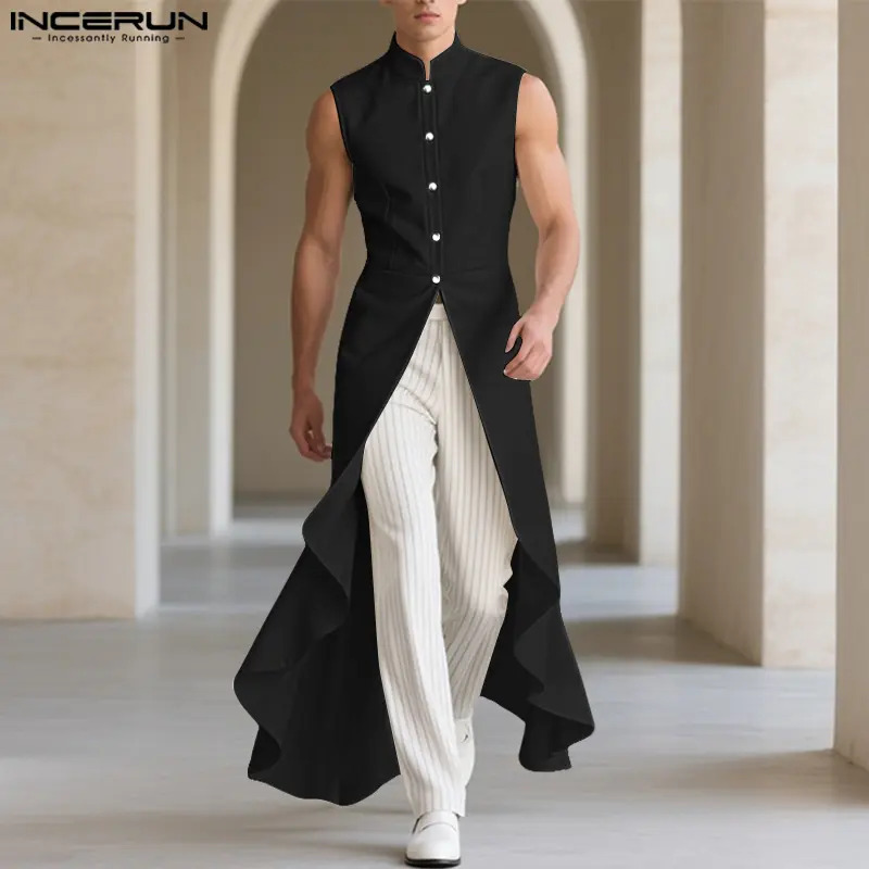 INCERUN Menswear Men's Vintage Long Tunic Vest - Basic Plain Sleeveless Avant-Garde Top with Lengthened Ruffle Hem, Breathable Fabric for Stage & Party Wear, Soft