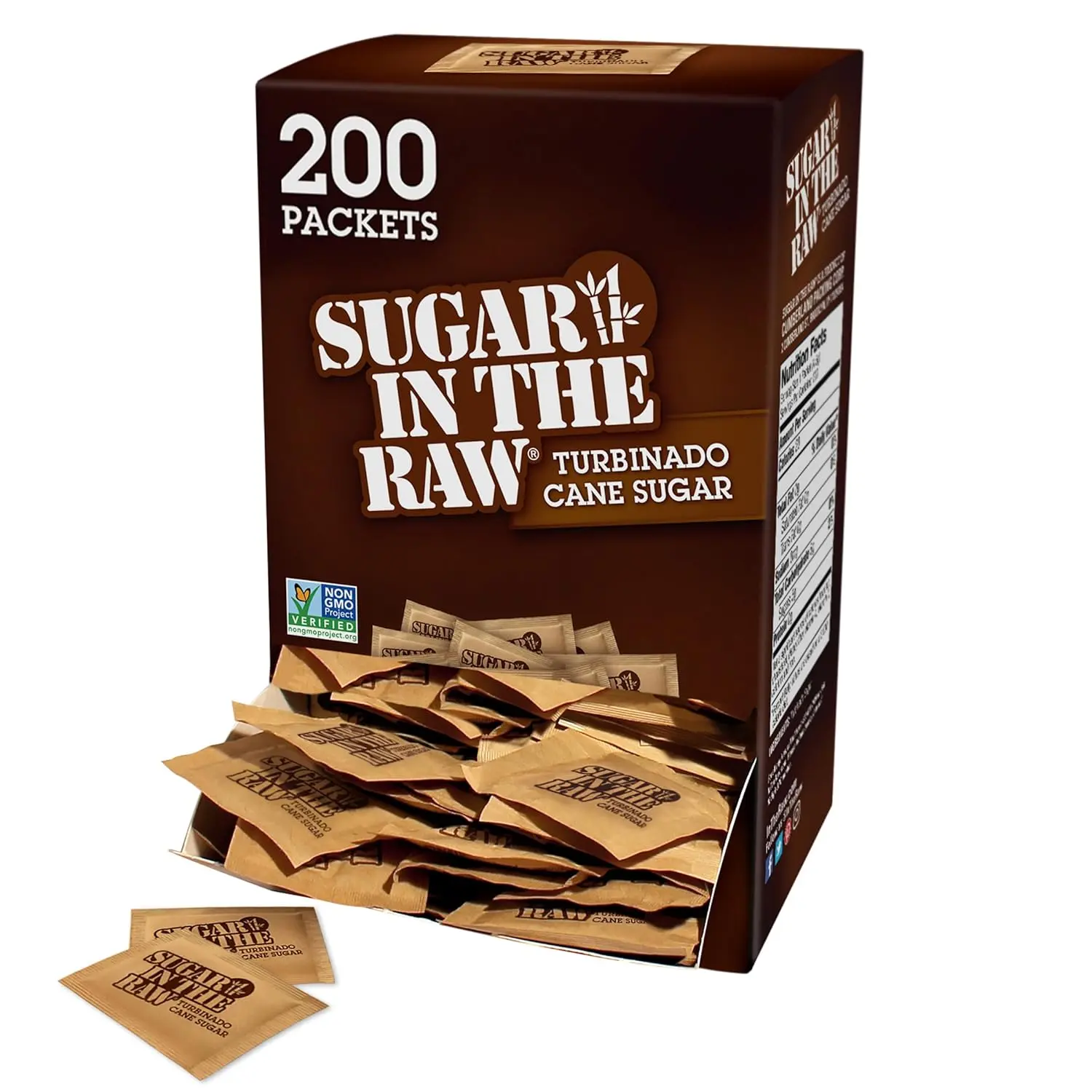 In The Raw Turbinado Cane Raw Brown Sugar Packets - 200-Count Box (1 Pack), Natural Sweetener, GMO-Free, Non-GMO Project Verified, Kosher, Vegan, Gluten-Free, Cupboard Essential, 24-Month Shelf Life