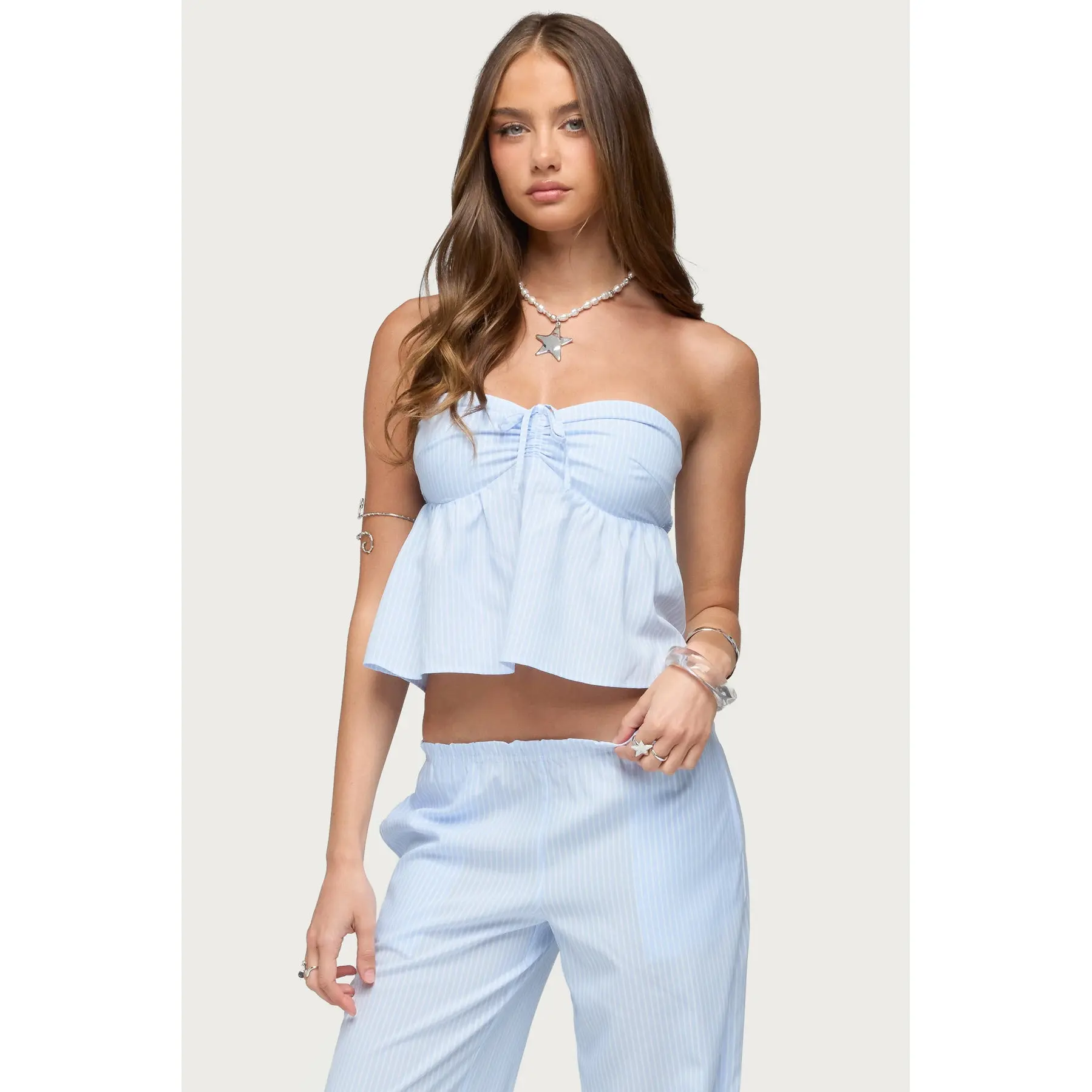 Cersei Striped Tie Front Strapless Top