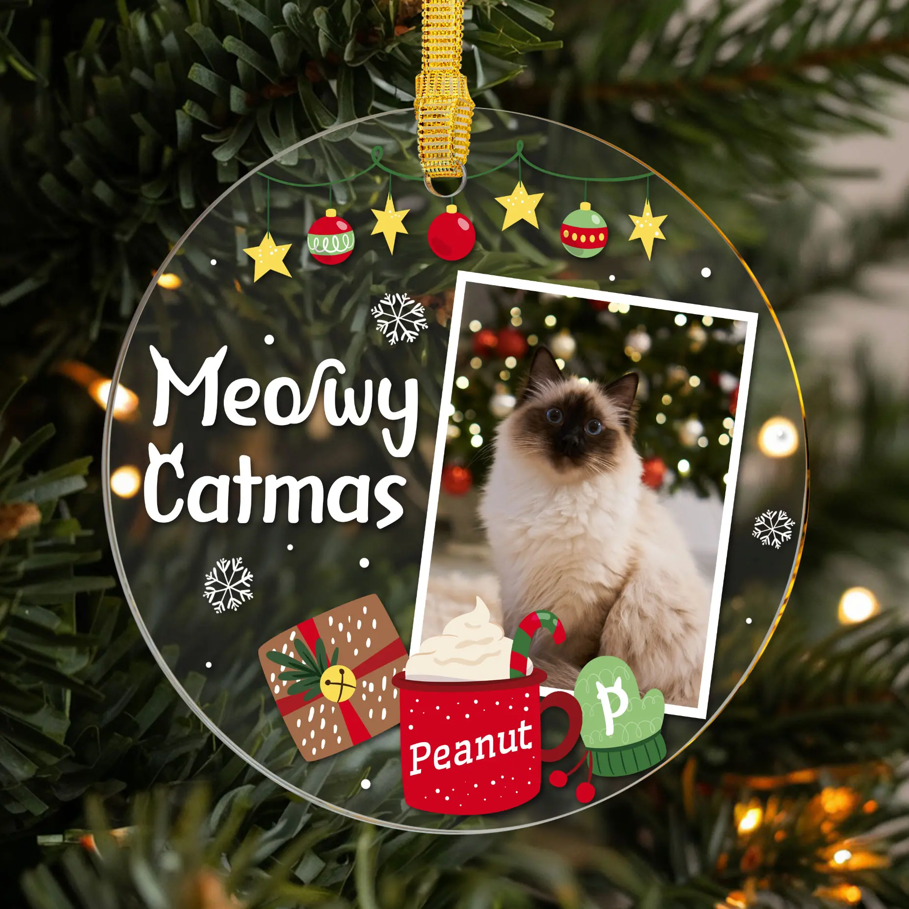 Personalized Cat Ornament with Photo - Cute Christmas Tree Decoration for Cat Lovers - Festive Holiday Gift with Pet Name and Adorable Design