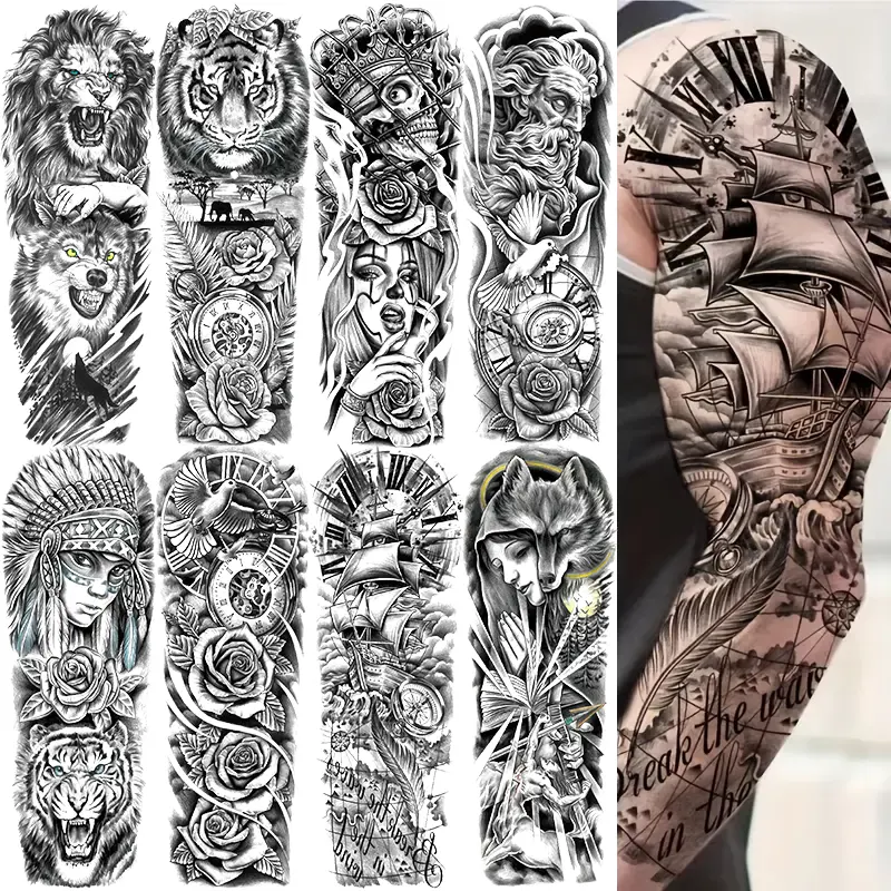 8 Sheets Full Arm Temporary Tattoo Stickers, Fake Tattoos, Aesthetic Tattoo Merch, Lion Tiger Wolf Skull Rose Watch Goddess Ship Pirate Compass Design, Waterproof Realistic Body Art, Sticker Tattoos