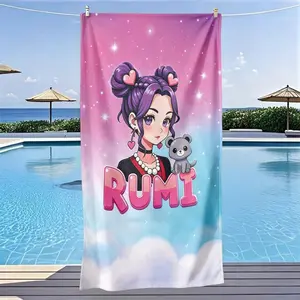 Gradient Rumi Cartoon Girl & Bear Beach Towel, Quick-Dry Ultra-Soft Polyester Fiber, Absorbent Towel, Multifunctional Towel, Multi-Purpose Yoga Travel Swim Camping, Large Size