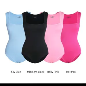 Essential Seamless Ribbed Square Neck Bodysuit Slim Fit Sculpting Top in Sky Blue Midnight Black Baby Pink Hot Pink